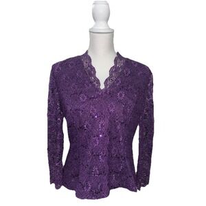 ALEX EVENINGS M Purple Sequin Lace Blouse Top Formal Mother of the Bride Party